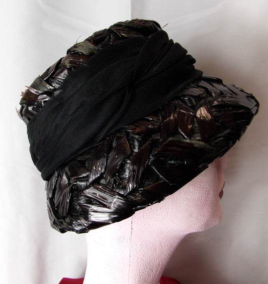 Vintage Black Lacquered Raffia Hat