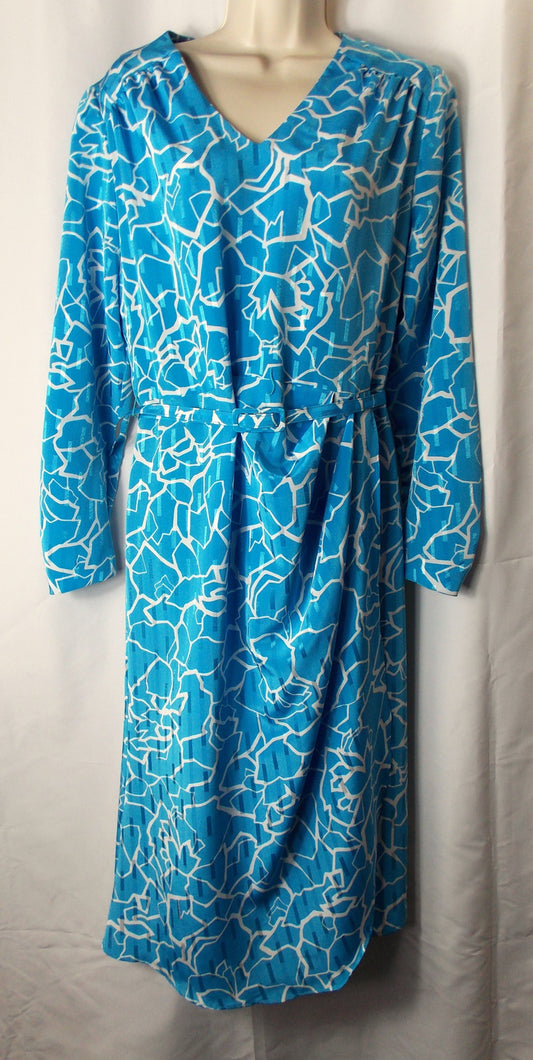 Vintage 1980's Blue Abstract Print Long Sleeve Dress