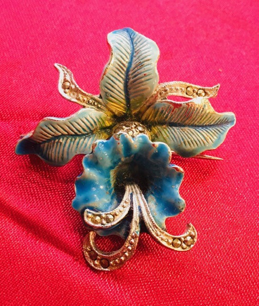 Hand painted Blue Orchid Brooch